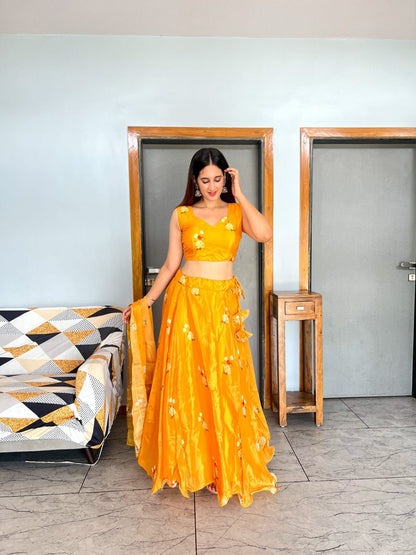 Wonderful Mustard Organza Silk Lehenga Choli