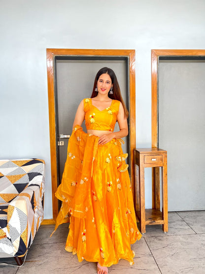 Wonderful Mustard Organza Silk Lehenga Choli