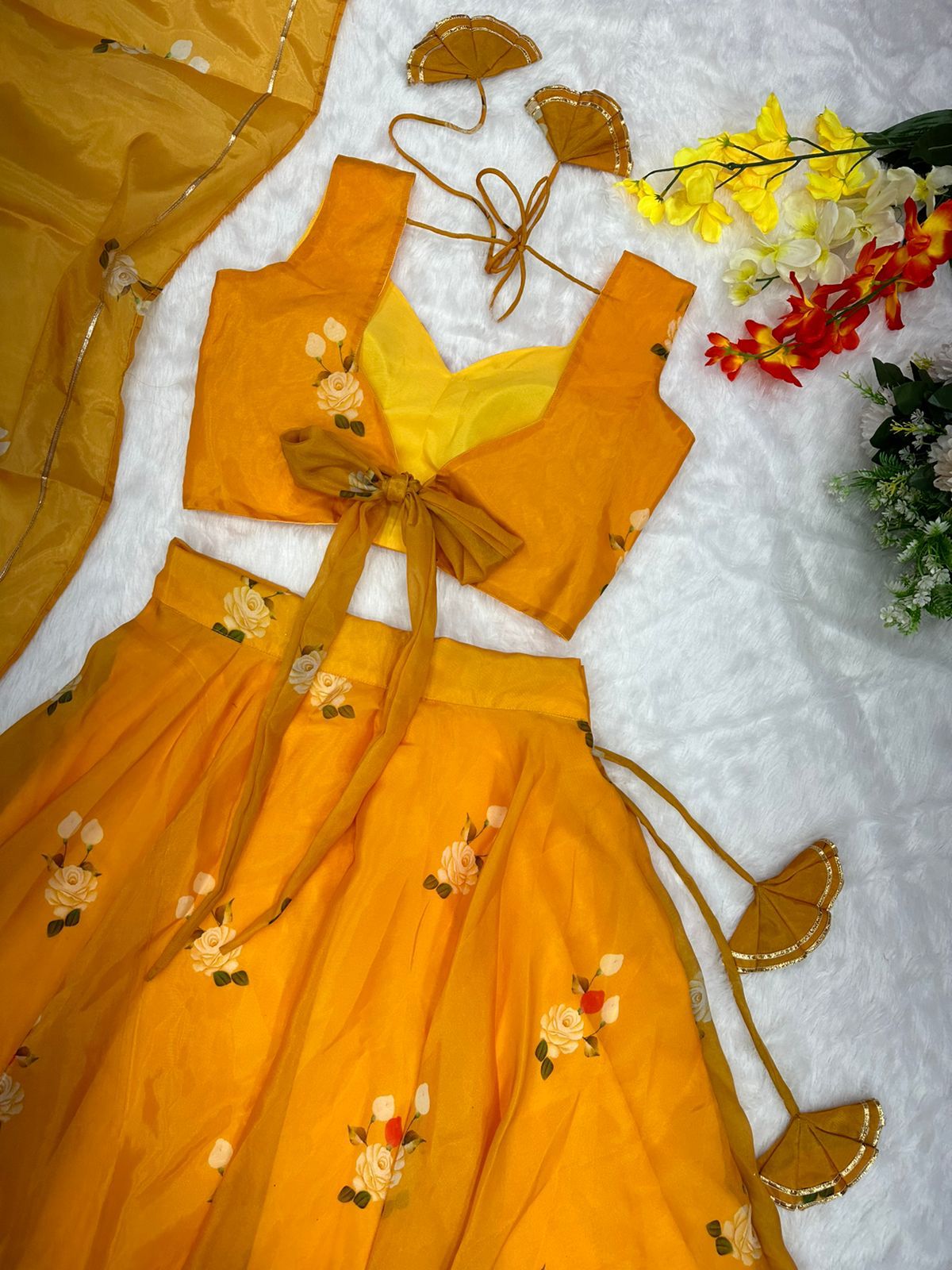 Wonderful Mustard Organza Silk Lehenga Choli