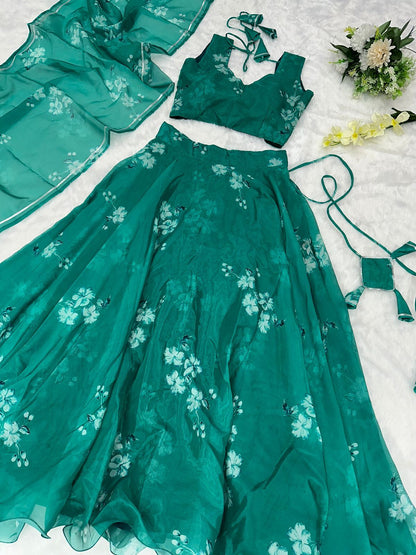 Wonderful Aqua Green Organza Silk Lehenga Choli