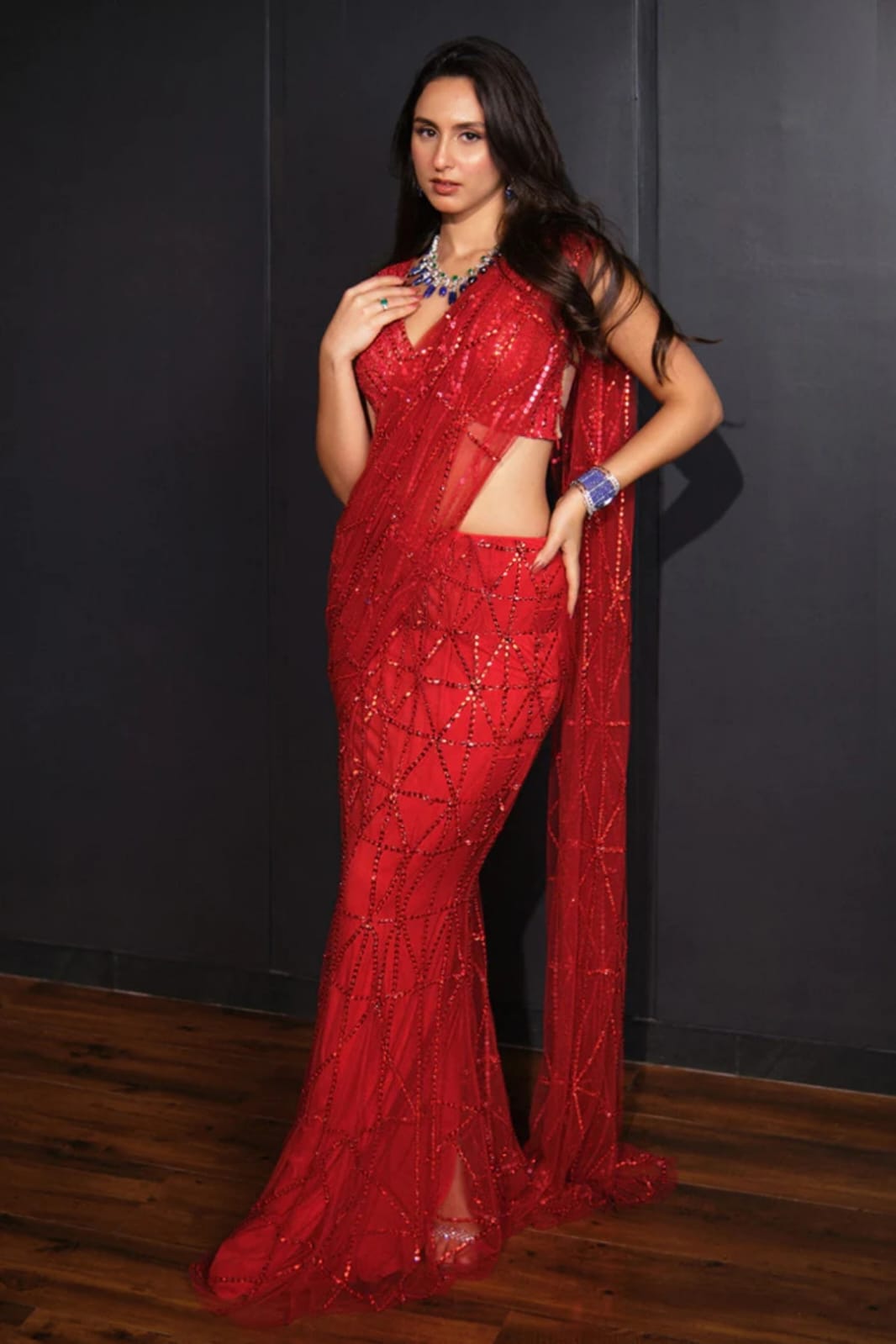 Glimmering Red Color Beautiful Work Net Saree