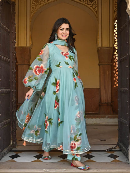 Awesome Sky Blue Color Gota Patti Work Gown