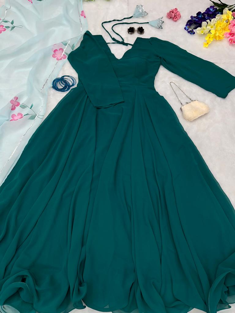 Wonderful Bottle Green Color Georgette Anarkali Gown