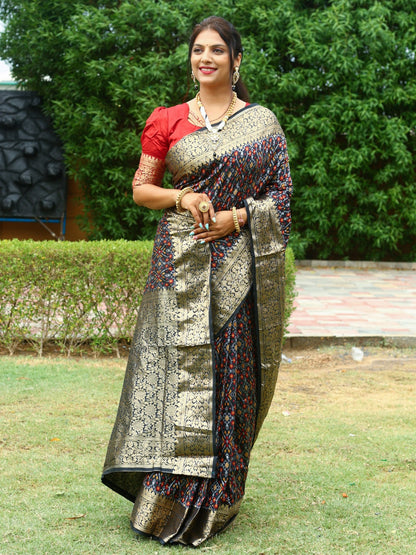 Wedding Wear Black Color Zari Weaving Saree