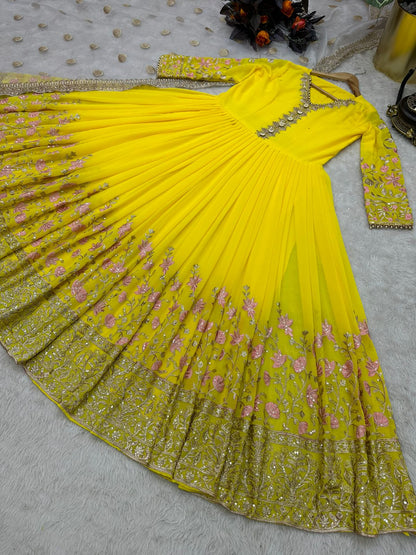 Gorgeous Sequence Work Yellow Color Long Gown