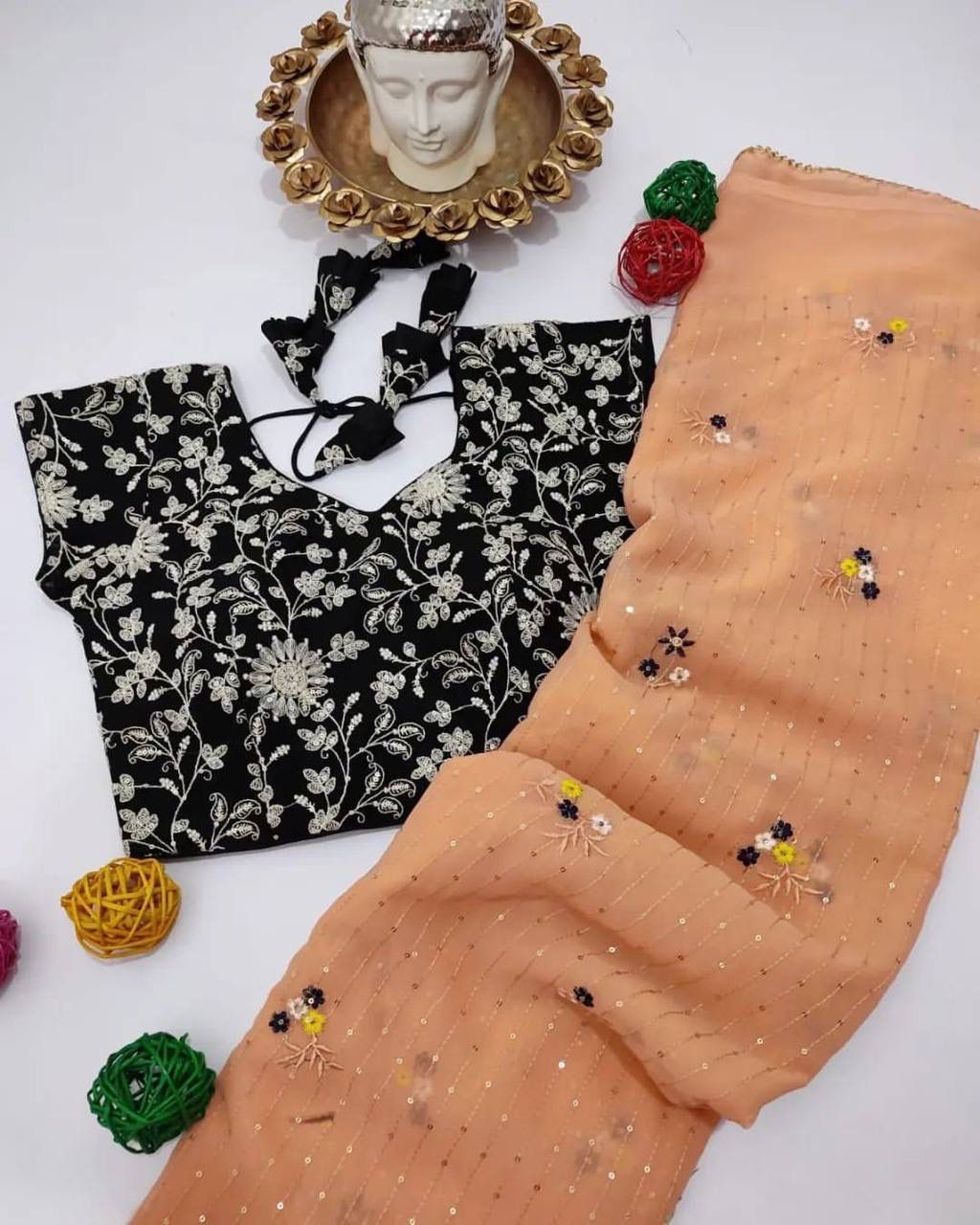 Daisy Peach Color Embroidery Work Saree