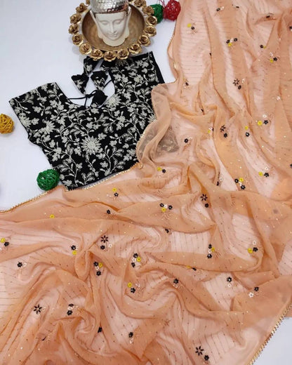 Daisy Peach Color Embroidery Work Saree