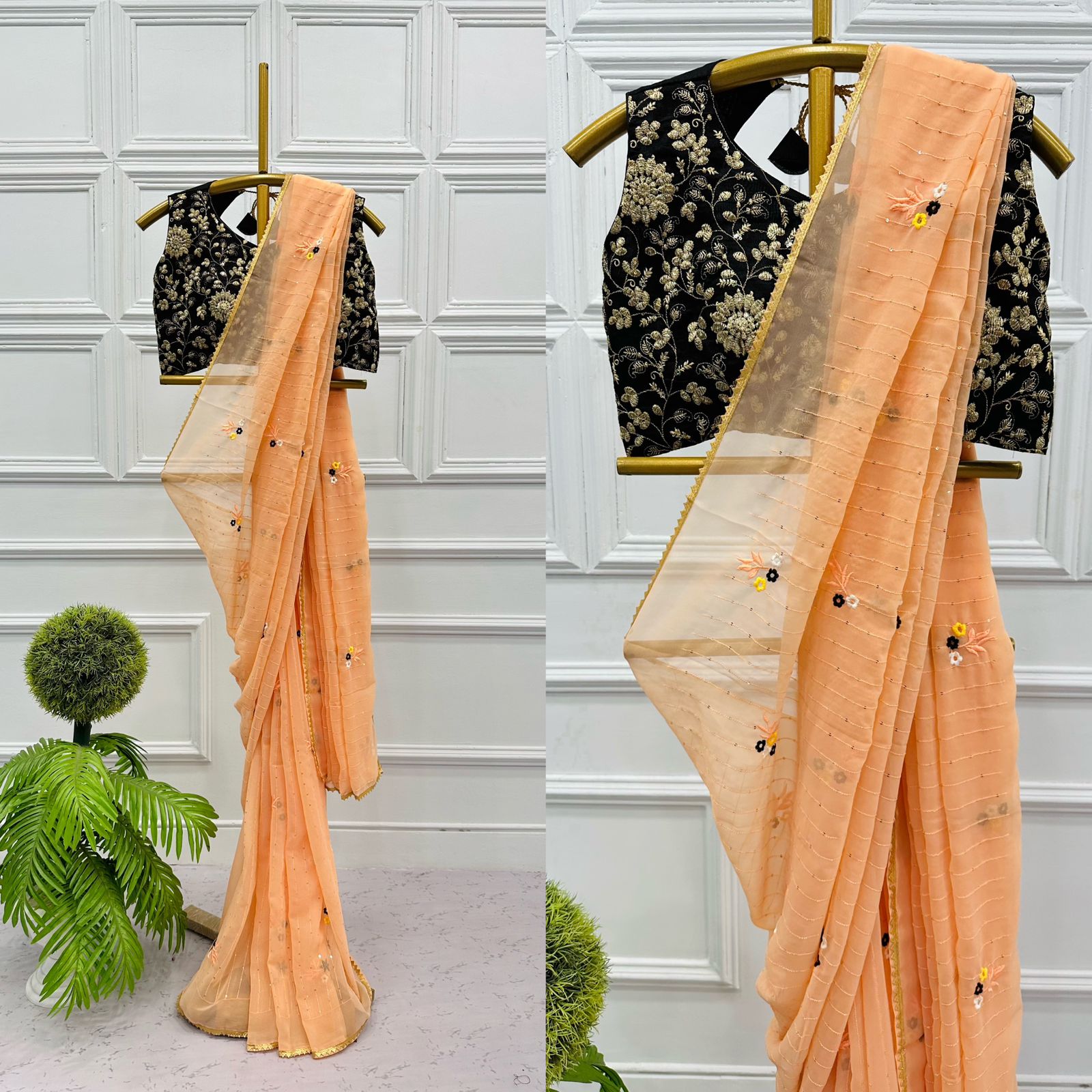 Daisy Peach Color Embroidery Work Saree