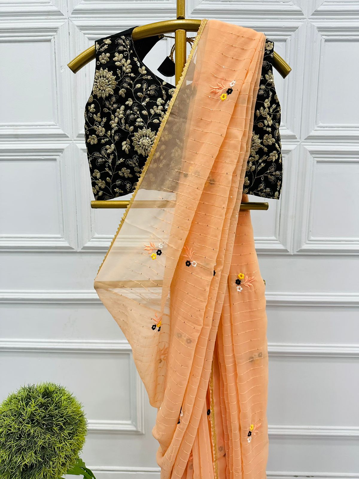 Daisy Peach Color Embroidery Work Saree