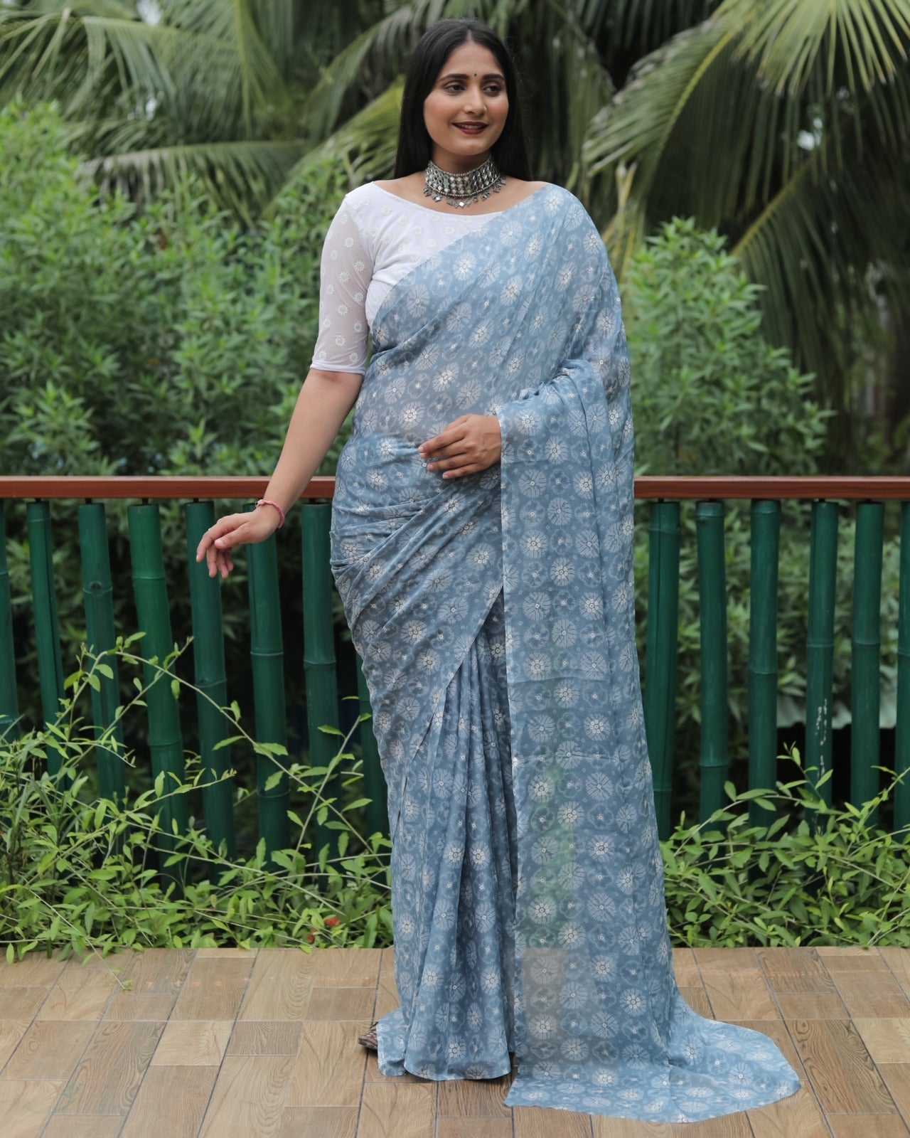 Fantastic Gray Color Moss Chiffon Silky Saree