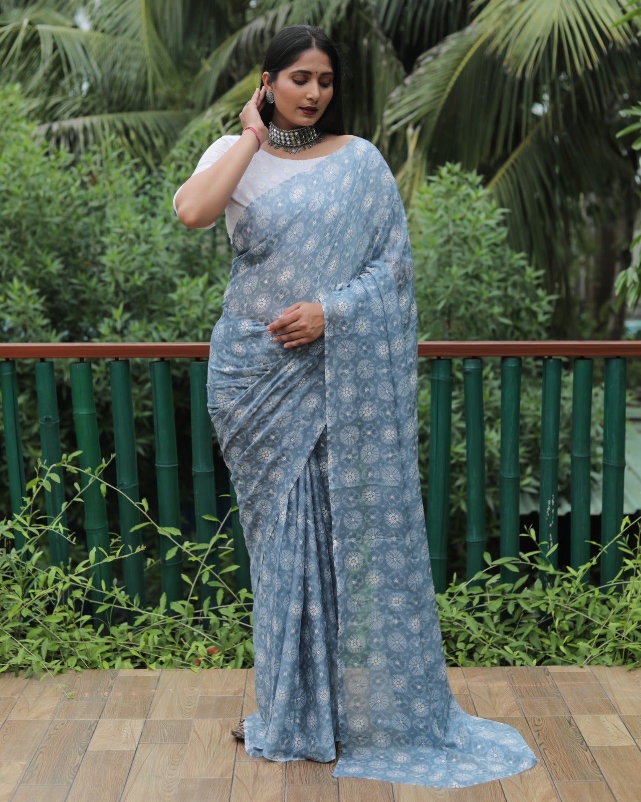 Fantastic Gray Color Moss Chiffon Silky Saree