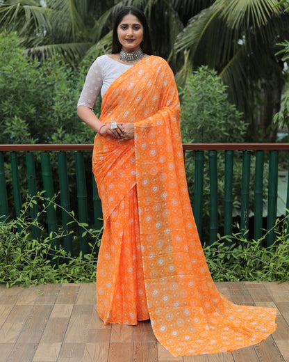 Fantastic Orange Color Moss Chiffon Silky Saree