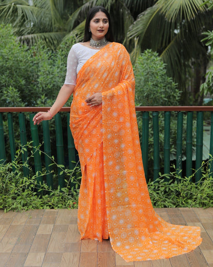 Fantastic Orange Color Moss Chiffon Silky Saree