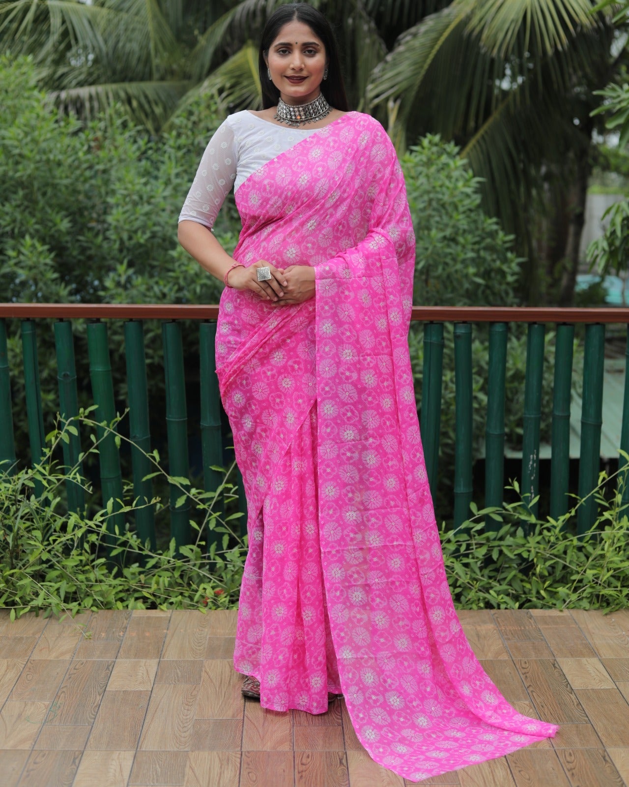 Fantastic Pink Color Moss Chiffon Silky Saree