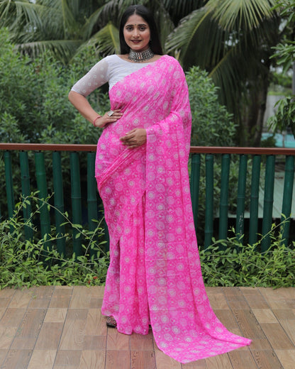 Fantastic Pink Color Moss Chiffon Silky Saree