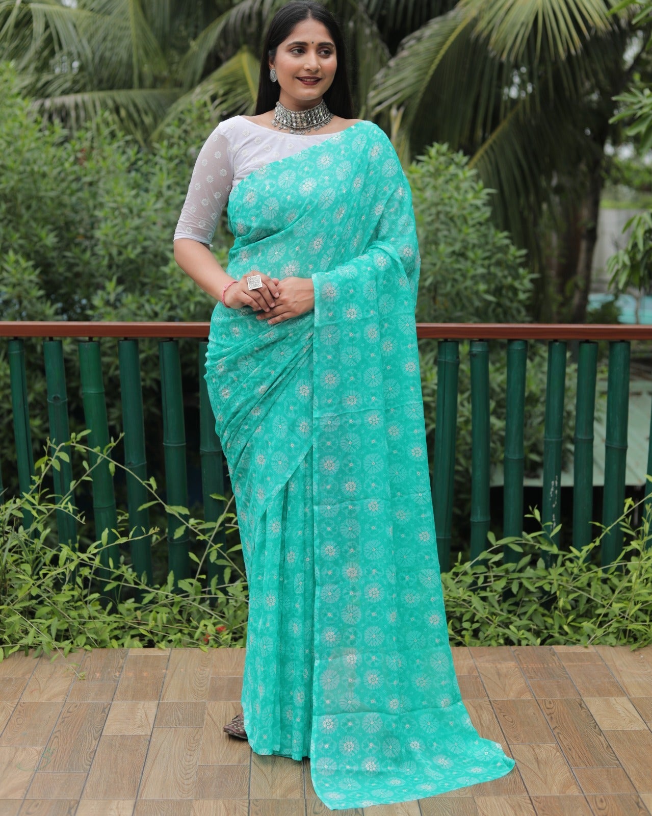 Fantastic Aqua Green Color Moss Chiffon Silky Saree