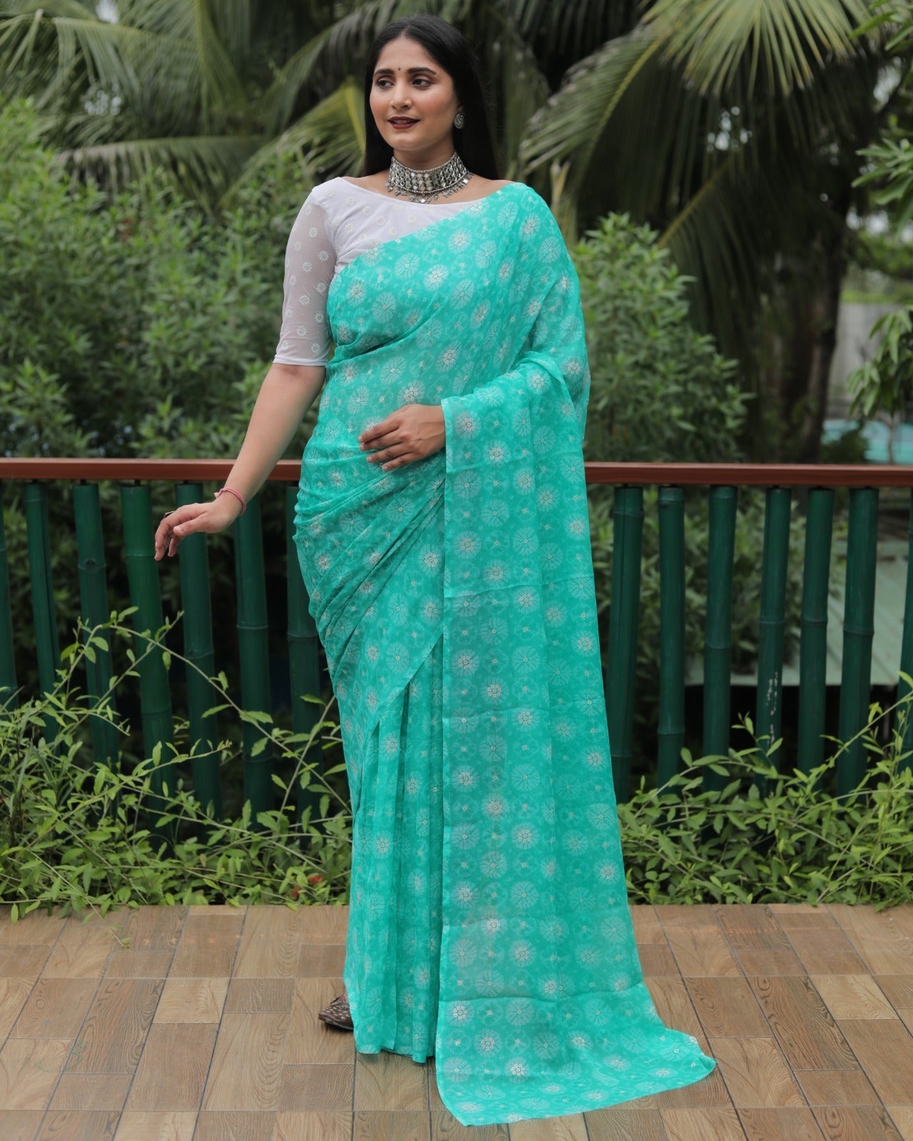 Fantastic Aqua Green Color Moss Chiffon Silky Saree