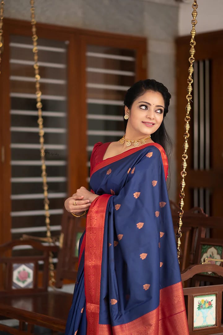 Lichi Silk Blue Color With Red Border Saree