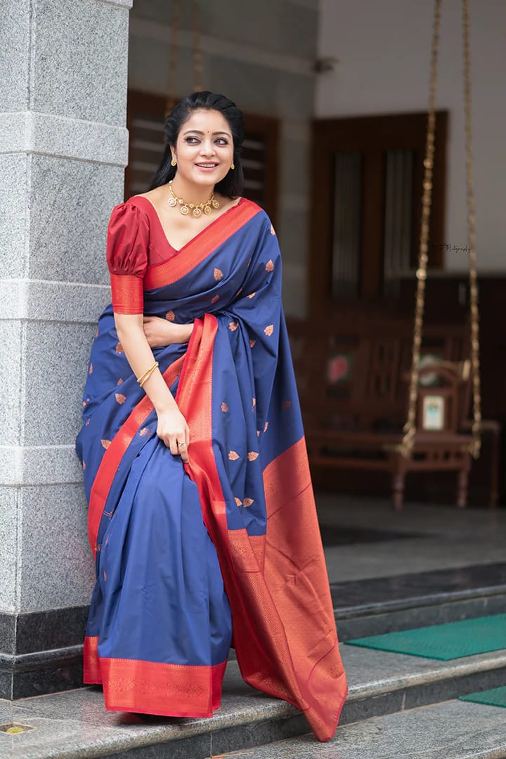 Lichi Silk Blue Color With Red Border Saree