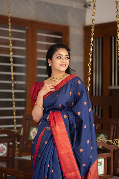 Lichi Silk Blue Color With Red Border Saree