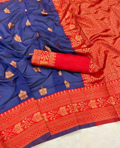 Lichi Silk Blue Color With Red Border Saree