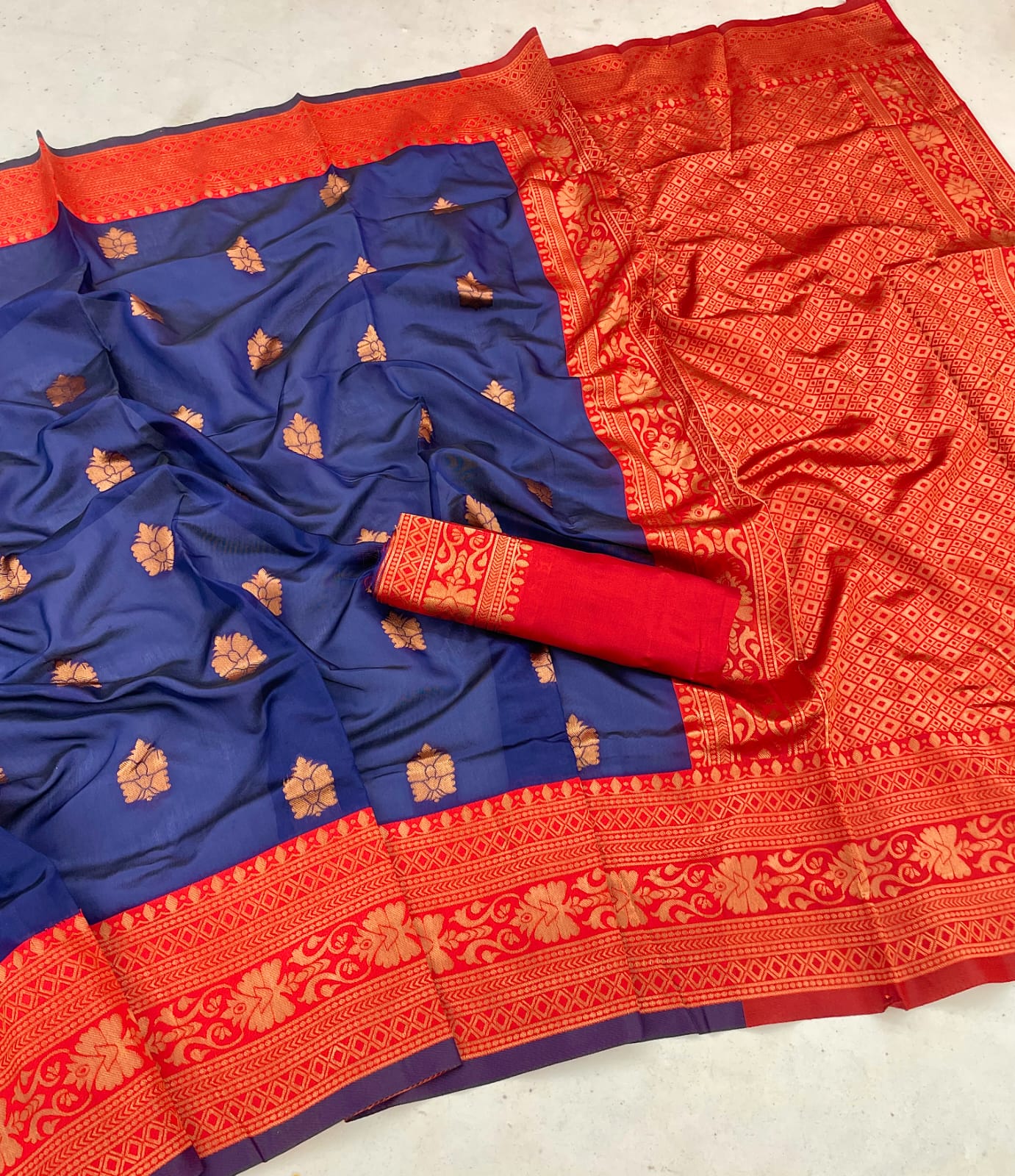 Lichi Silk Blue Color With Red Border Saree