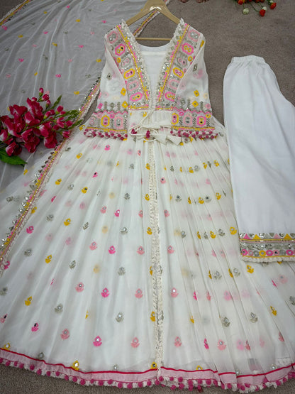 Mirror Handwork White Color Bollywood Style Anarkali Suit