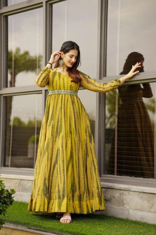 Terrific Digital Printed Yellow Color Georgette Gown