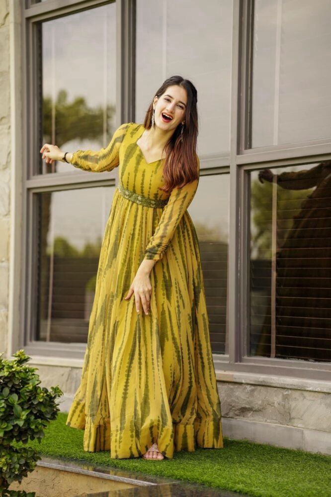 Terrific Digital Printed Yellow Color Georgette Gown