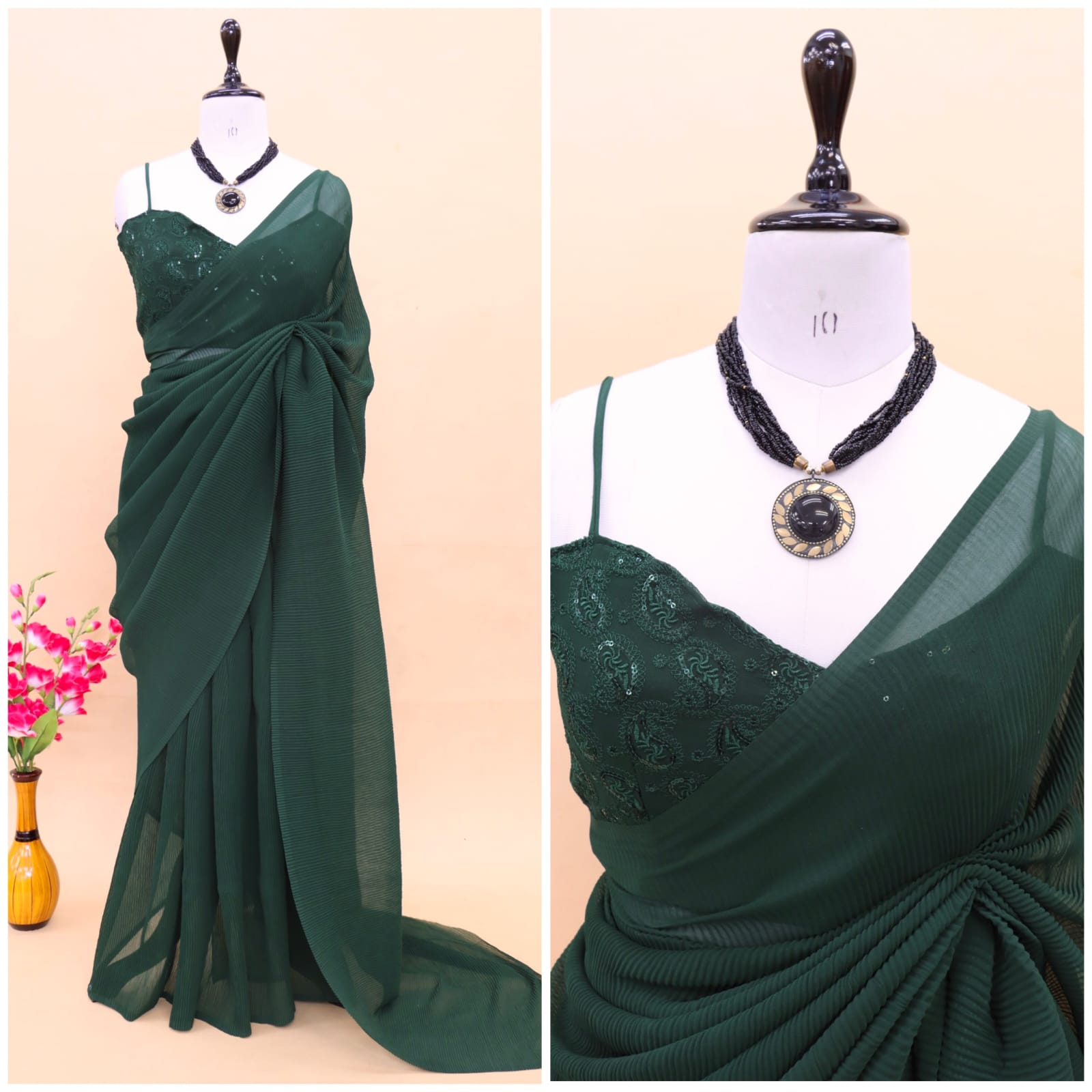 Decent Green Color Plated Saree With Work Blouse