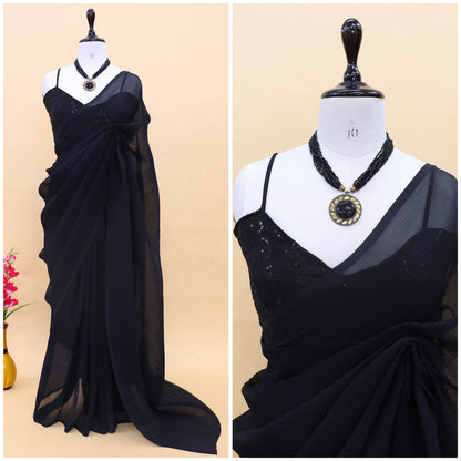 Decent Black Color Plated Saree With Work Blouse