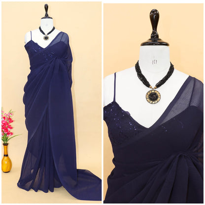 Decent Navy Blue Color Plated Saree With Work Blouse