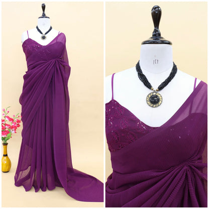 Decent Wine Color Plated Saree With Work Blouse