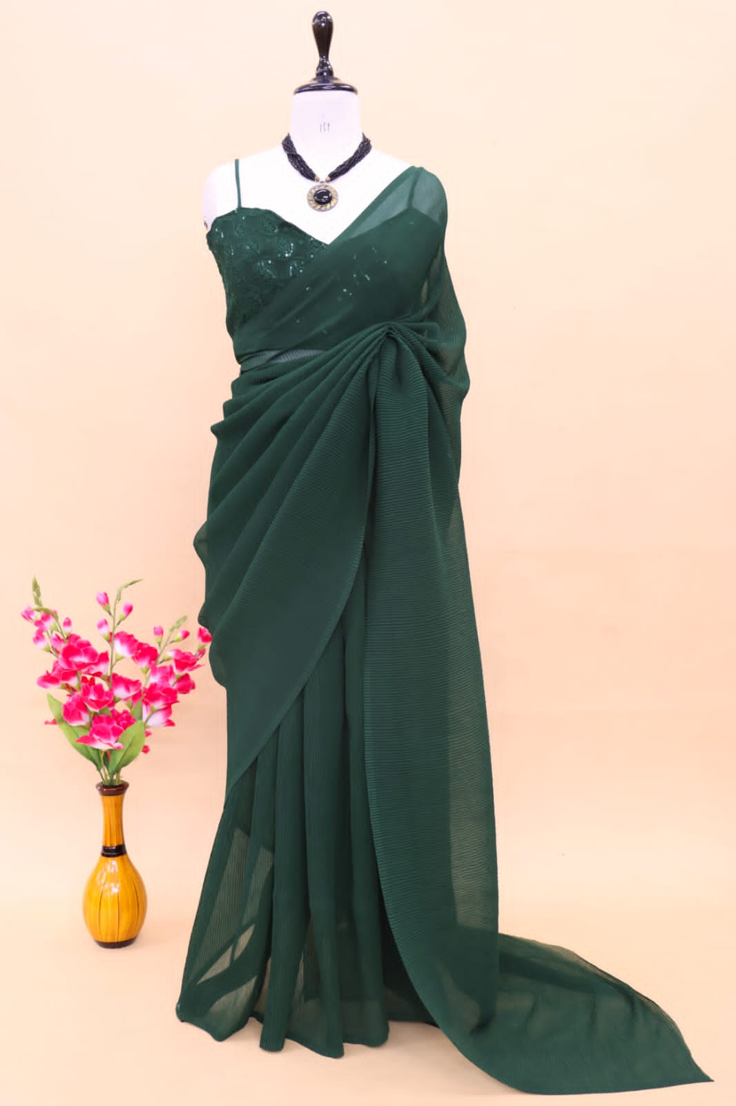 Decent Green Color Plated Saree With Work Blouse