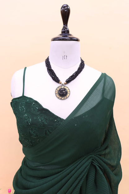 Decent Green Color Plated Saree With Work Blouse