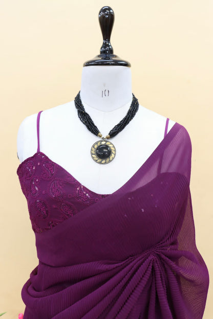 Decent Wine Color Plated Saree With Work Blouse