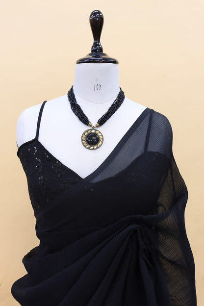 Decent Black Color Plated Saree With Work Blouse