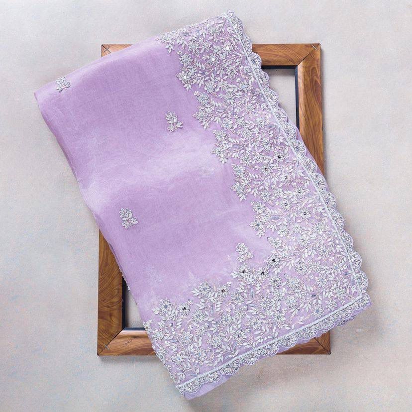 Organza Lavender Color Embroidery Work Saree