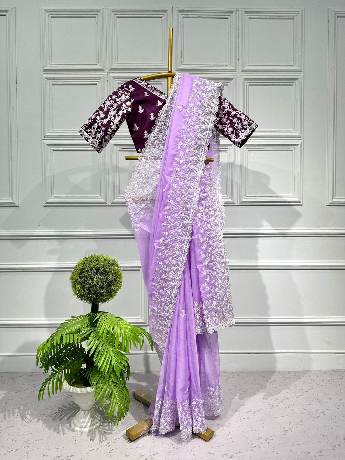 Organza Lavender Color Embroidery Work Saree