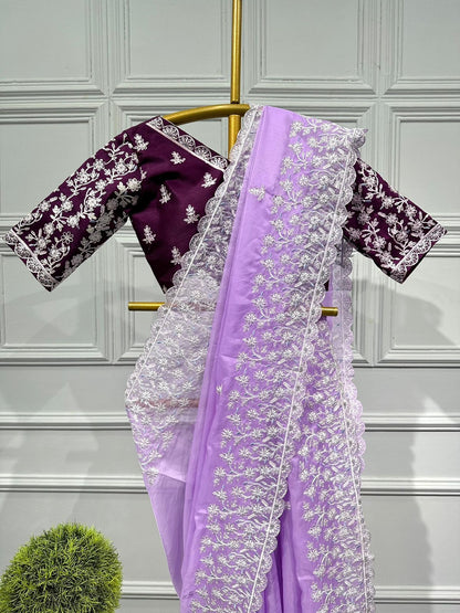 Organza Lavender Color Embroidery Work Saree