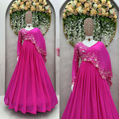 Reception Wear Thread Work Pink Color Gown