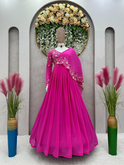 Reception Wear Thread Work Pink Color Gown