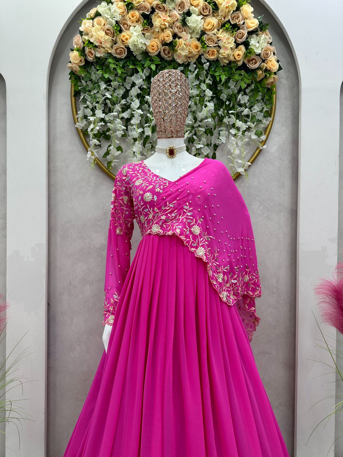 Reception Wear Thread Work Pink Color Gown