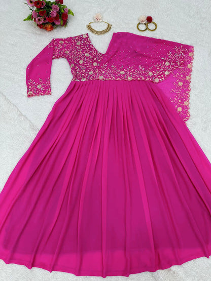 Reception Wear Thread Work Pink Color Gown