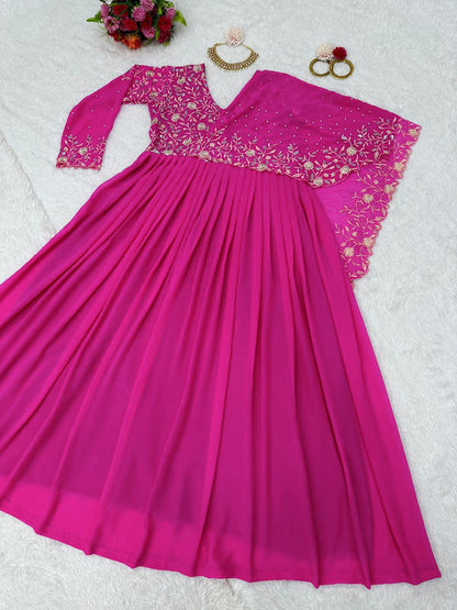 Reception Wear Thread Work Pink Color Gown