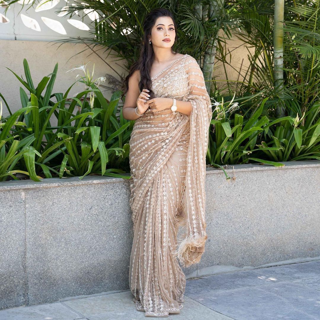 Beige Color Sequence Work Feather Boder Pallu Saree