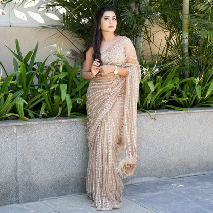 Beige Color Sequence Work Feather Boder Pallu Saree