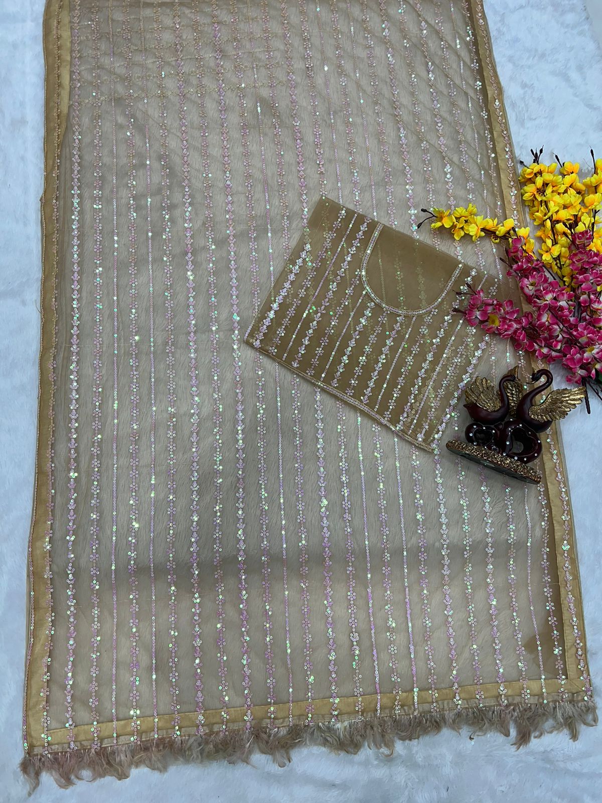 Beige Color Sequence Work Feather Boder Pallu Saree