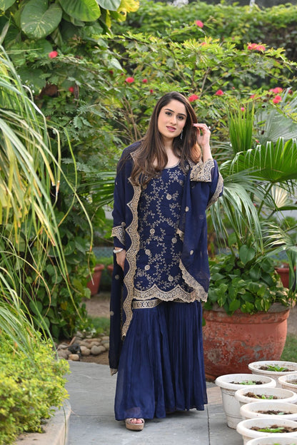 Glimmering Navy Blue Color Embroidery Work Sharara Suit