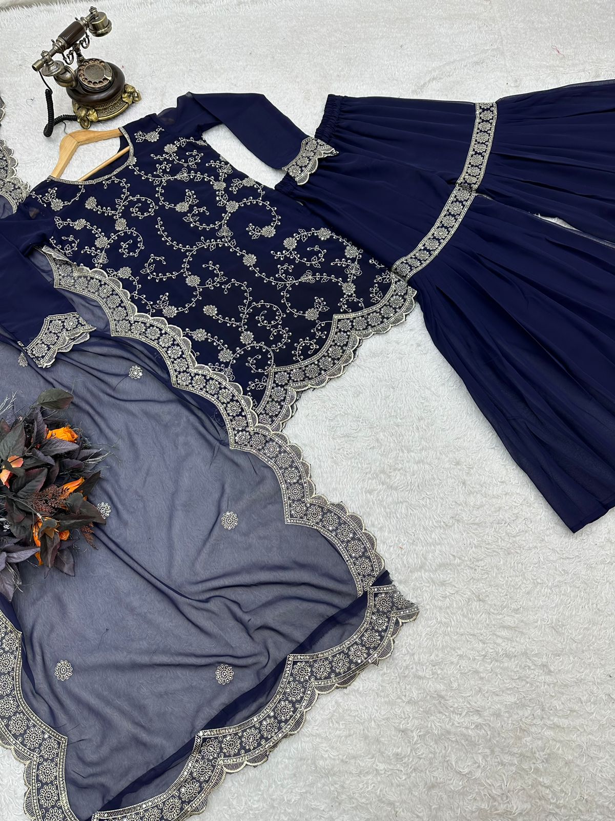 Glimmering Navy Blue Color Embroidery Work Sharara Suit